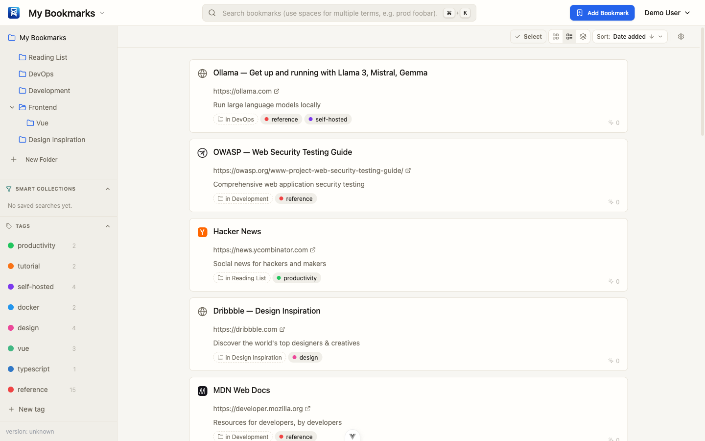 Compact list view of bookmarks