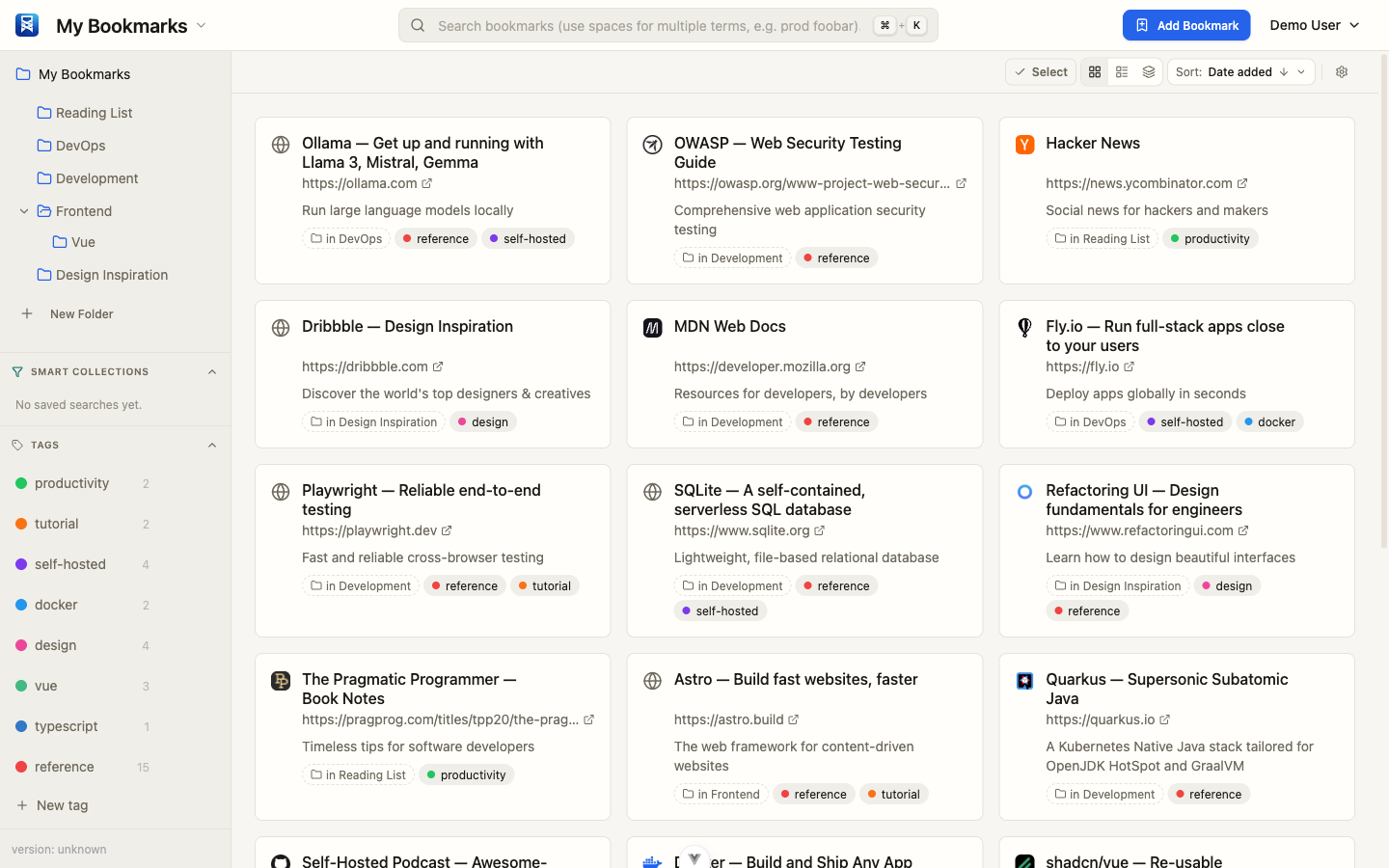 LinkWeave bookmark manager main view showing folders, tags, and bookmark cards