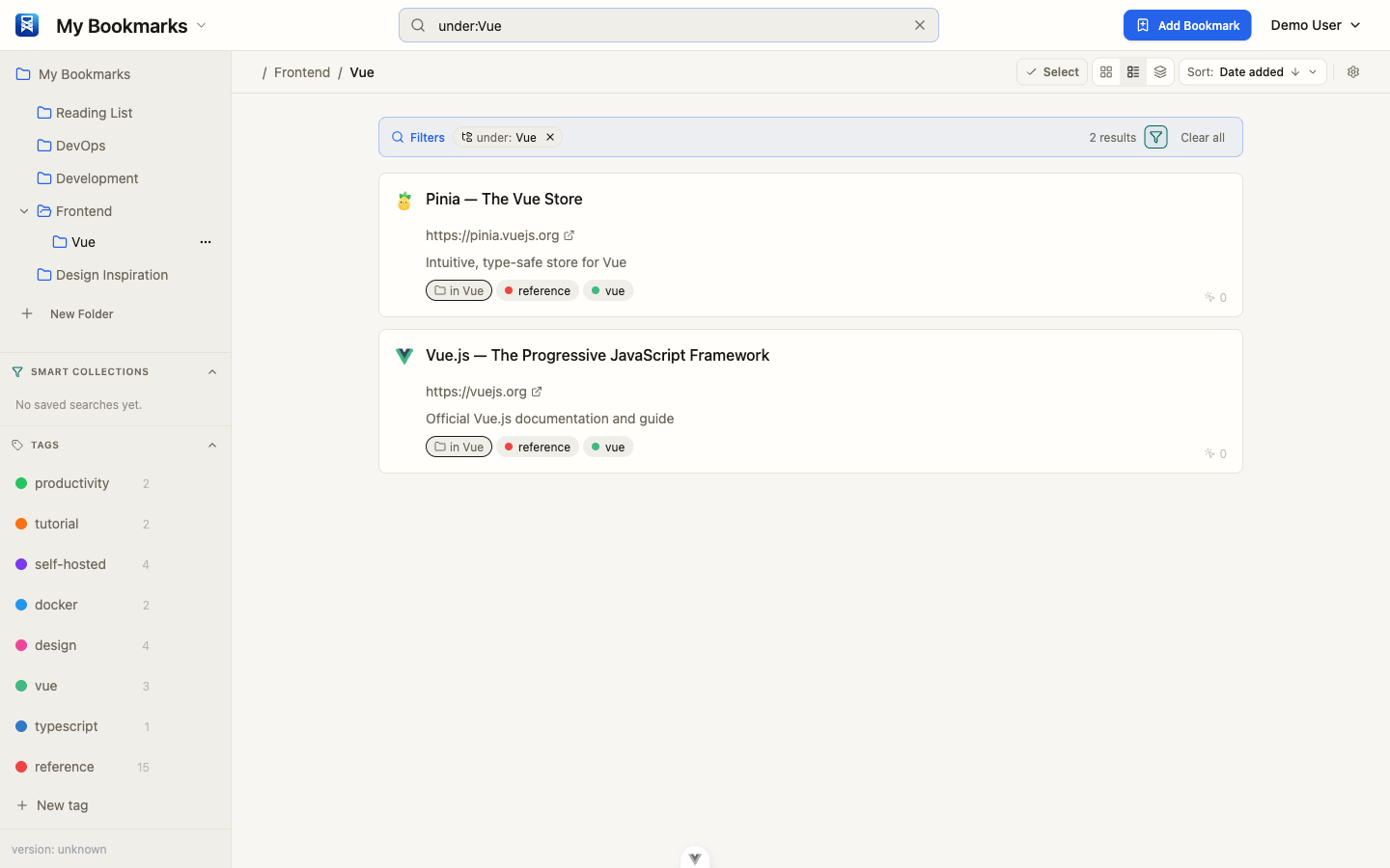 Browsing bookmarks inside a nested Vue subfolder with breadcrumb navigation