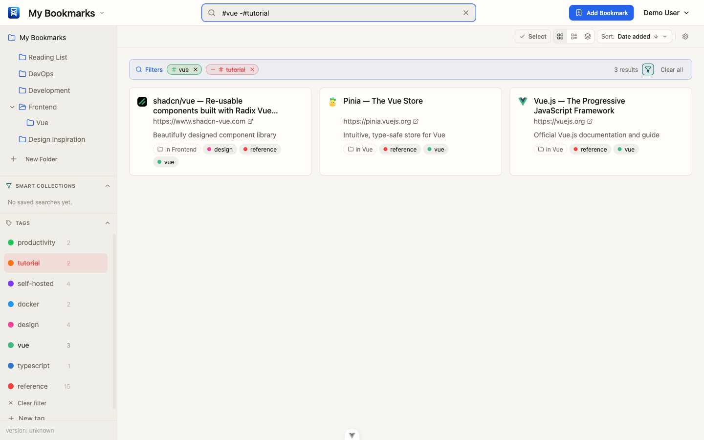 Search bar using structured operators like #vue -#tutorial with autocomplete